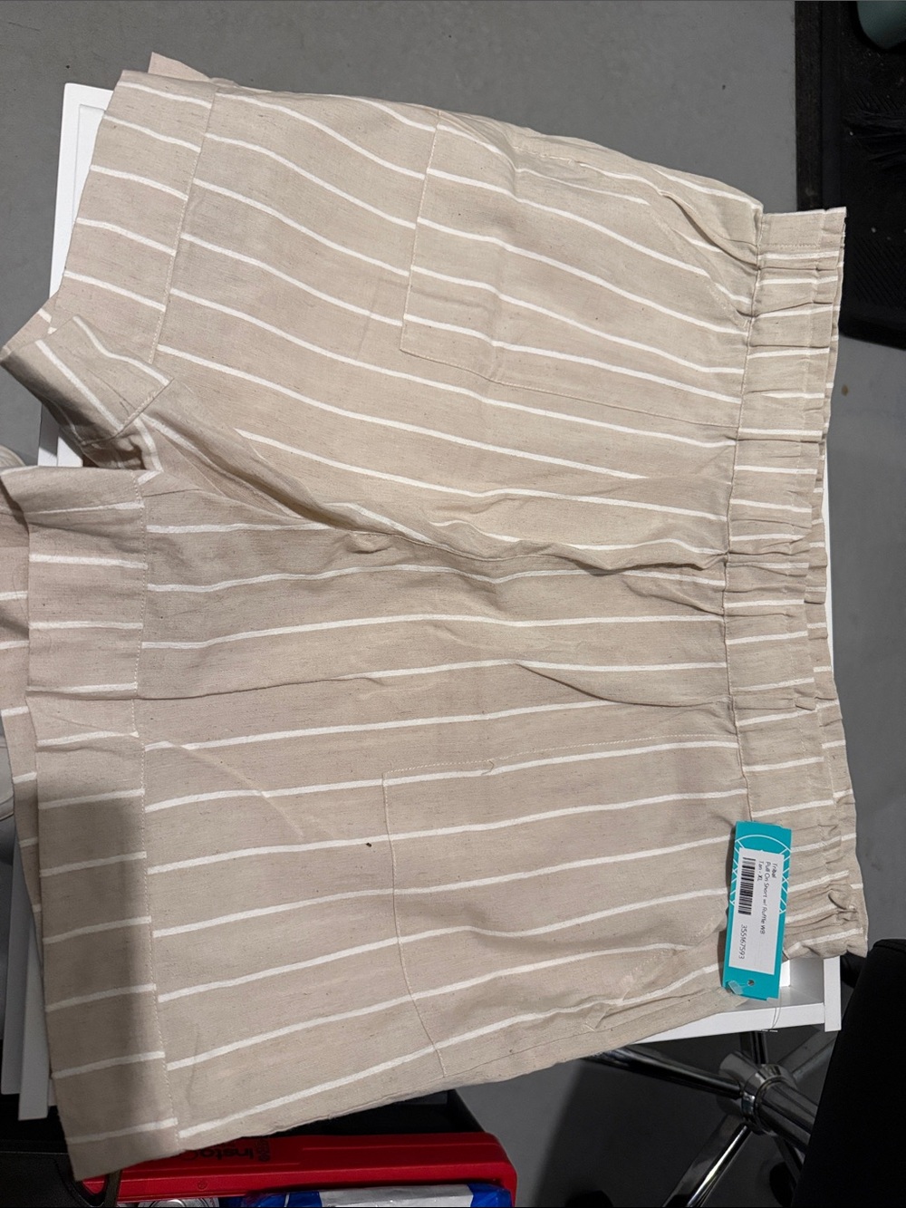 Tribal Beige and White Striped Elastic Waist Shorts